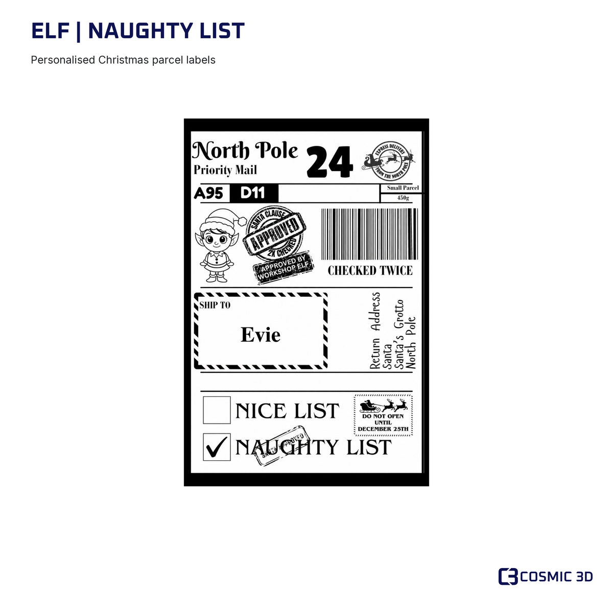 Elf Christmas label preview with Naughty List ticked and example name Evie.