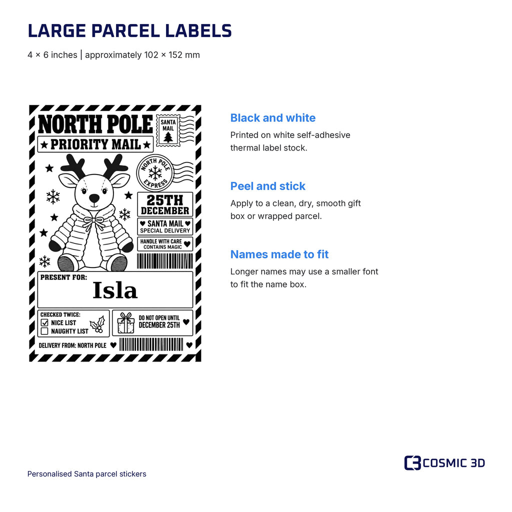 Santa parcel label size and print guide: 4 × 6 inches, black thermal print on white self-adhesive stock.