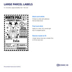 Santa parcel label size and print guide: 4 × 6 inches, black thermal print on white self-adhesive stock.