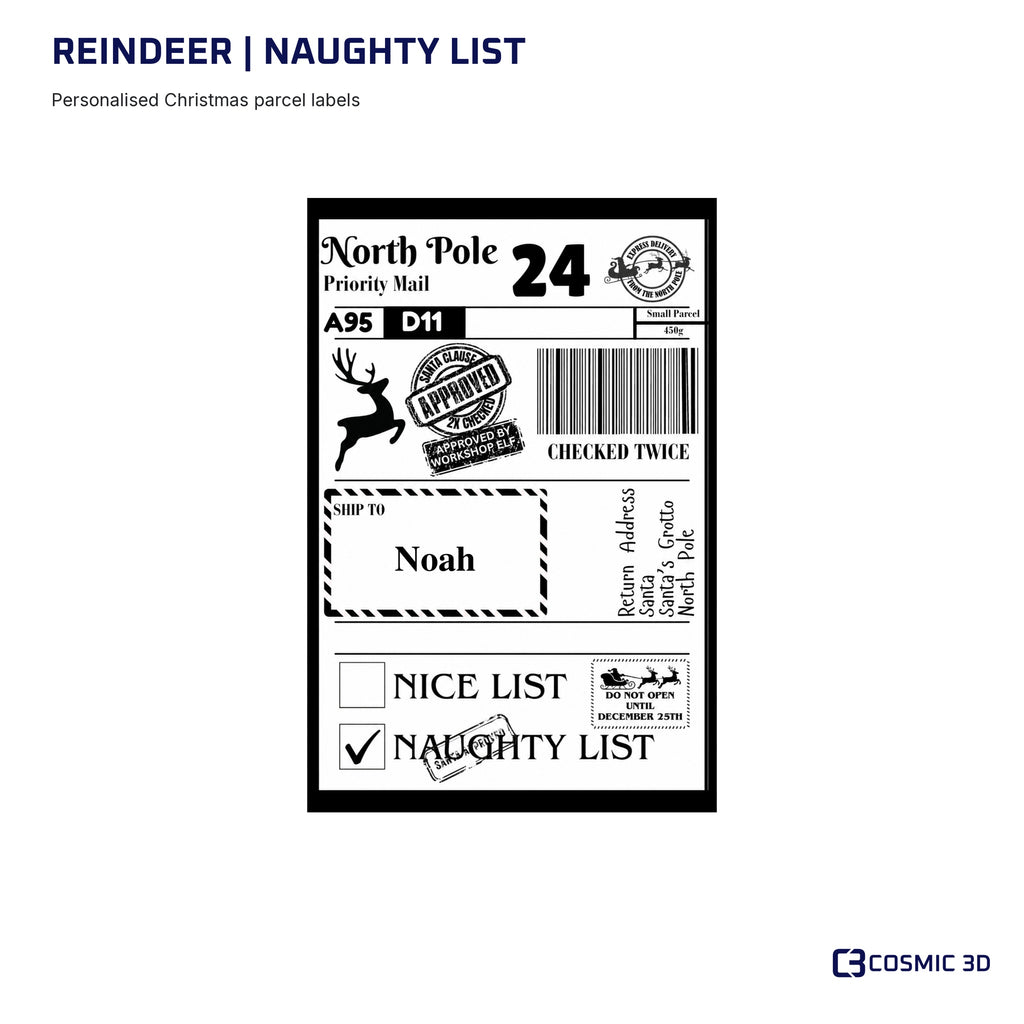 Reindeer Christmas label preview with Naughty List ticked and example name Noah.