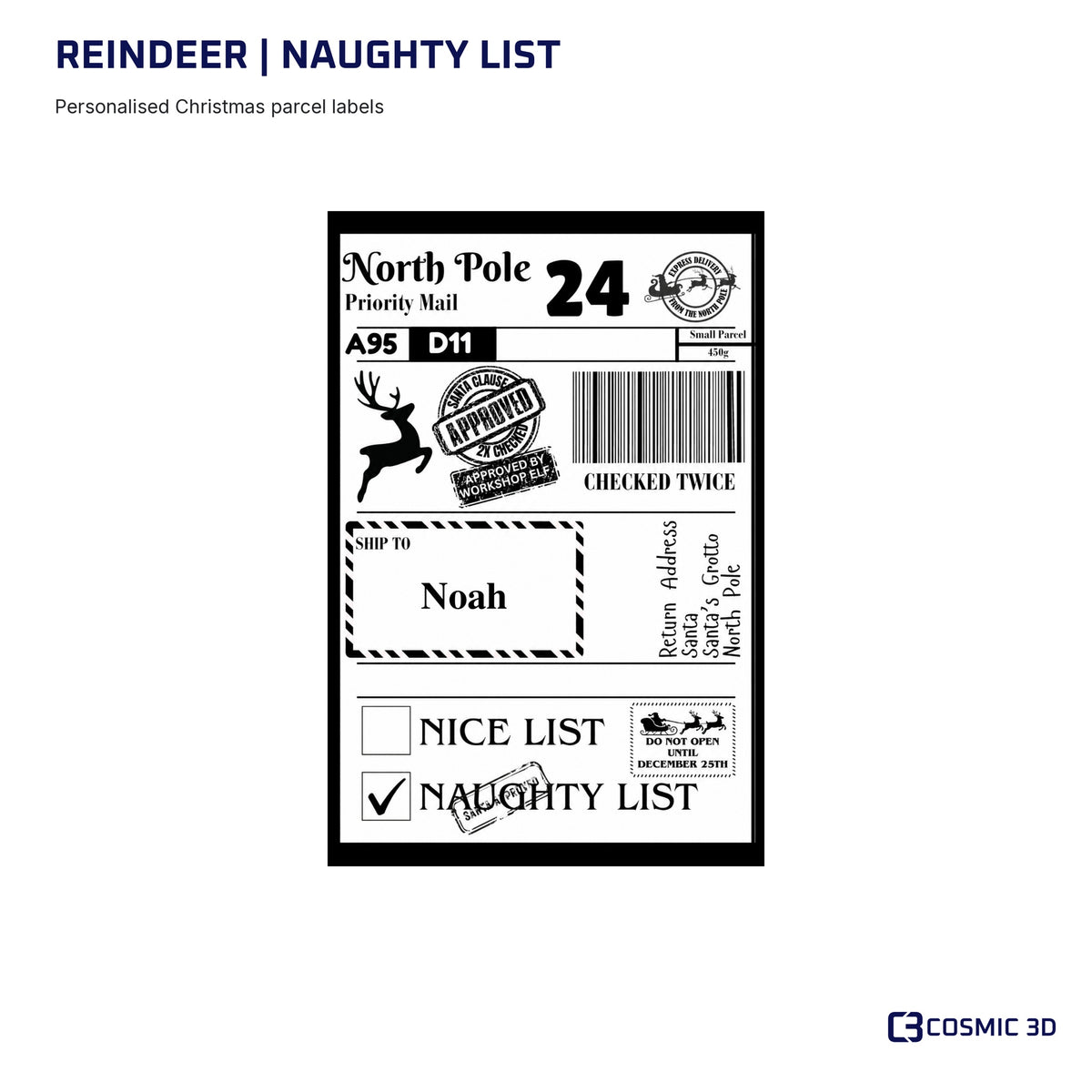 Reindeer Christmas label preview with Naughty List ticked and example name Noah.