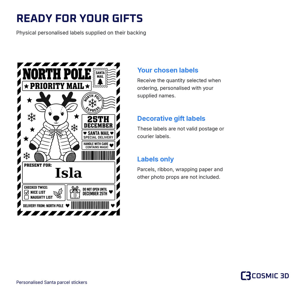 Santa sticker contents guide: personalised physical labels on backing; parcels and props are not included.