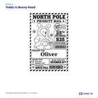 Teddy in Bunny Hood parcel sticker preview with example name Oliver and the Nice List ticked.