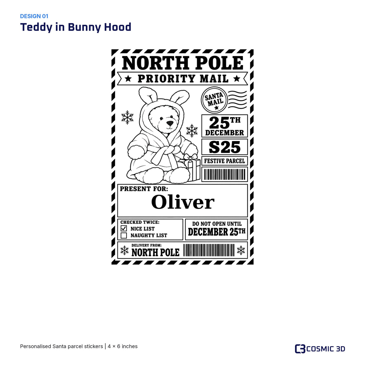 Teddy in Bunny Hood parcel sticker preview with example name Oliver and the Nice List ticked.