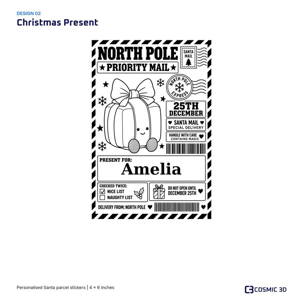 Christmas Present parcel sticker preview with example name Amelia and the Nice List ticked.