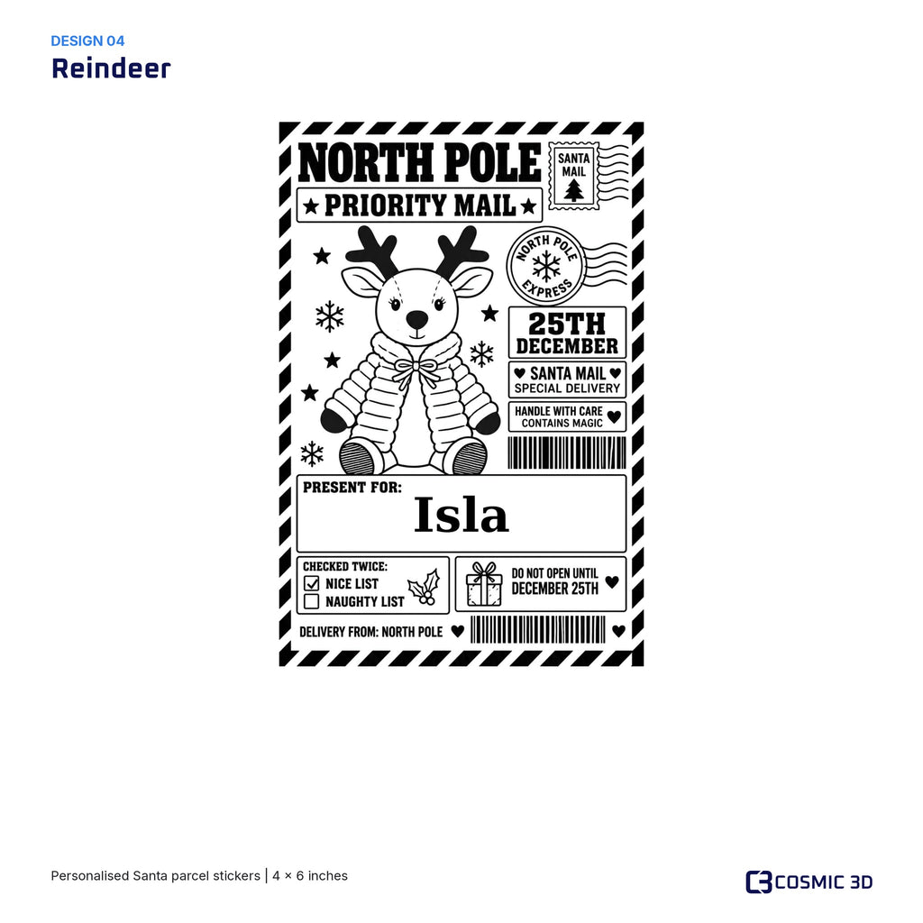 Reindeer parcel sticker preview with example name Isla and the Nice List ticked.