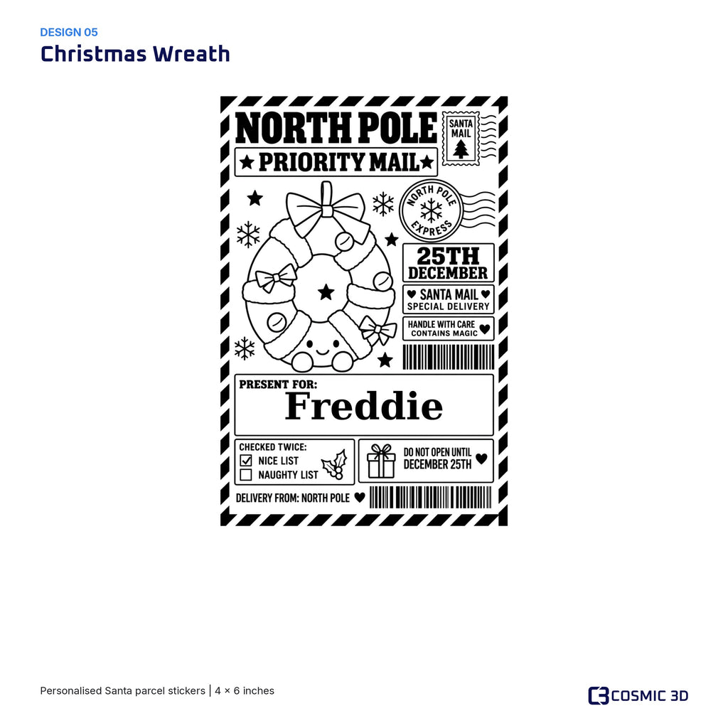 Christmas Wreath parcel sticker preview with example name Freddie and the Nice List ticked.
