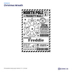 Christmas Wreath parcel sticker preview with example name Freddie and the Nice List ticked.