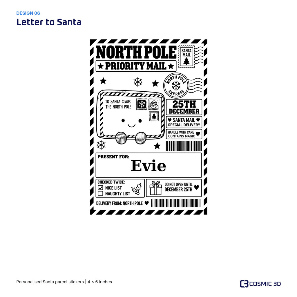Letter to Santa parcel sticker preview with example name Evie and the Nice List ticked.
