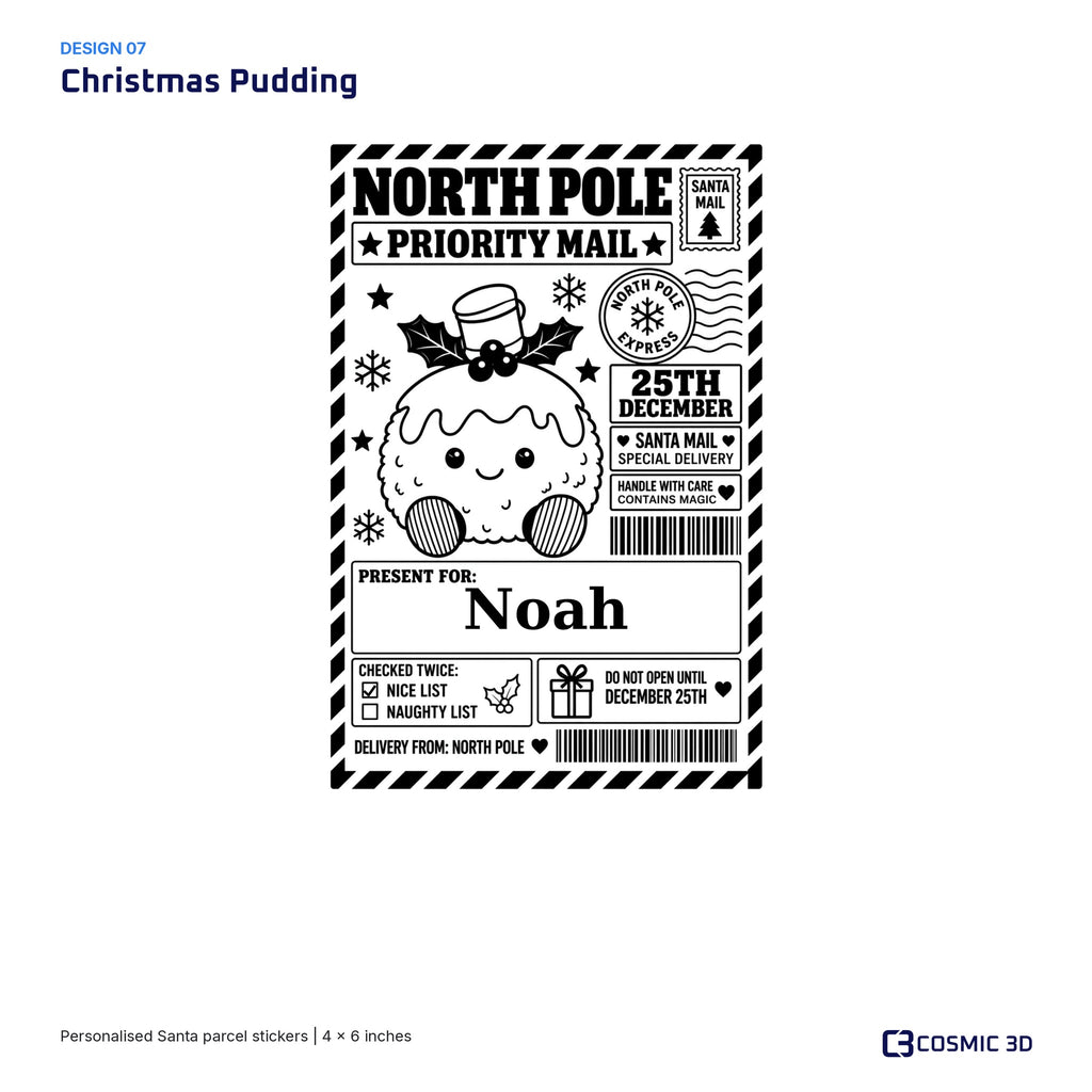 Christmas Pudding parcel sticker preview with example name Noah and the Nice List ticked.