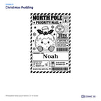 Christmas Pudding parcel sticker preview with example name Noah and the Nice List ticked.