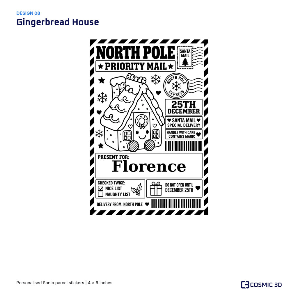 Gingerbread House parcel sticker preview with example name Florence and the Nice List ticked.