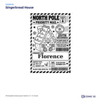 Gingerbread House parcel sticker preview with example name Florence and the Nice List ticked.