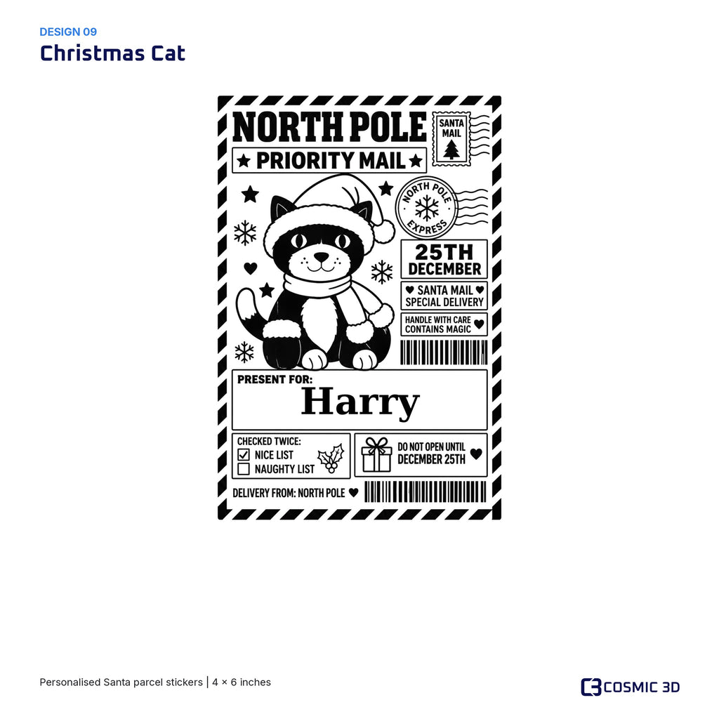 Christmas Cat parcel sticker preview with example name Harry and the Nice List ticked.