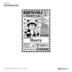 Christmas Cat parcel sticker preview with example name Harry and the Nice List ticked.