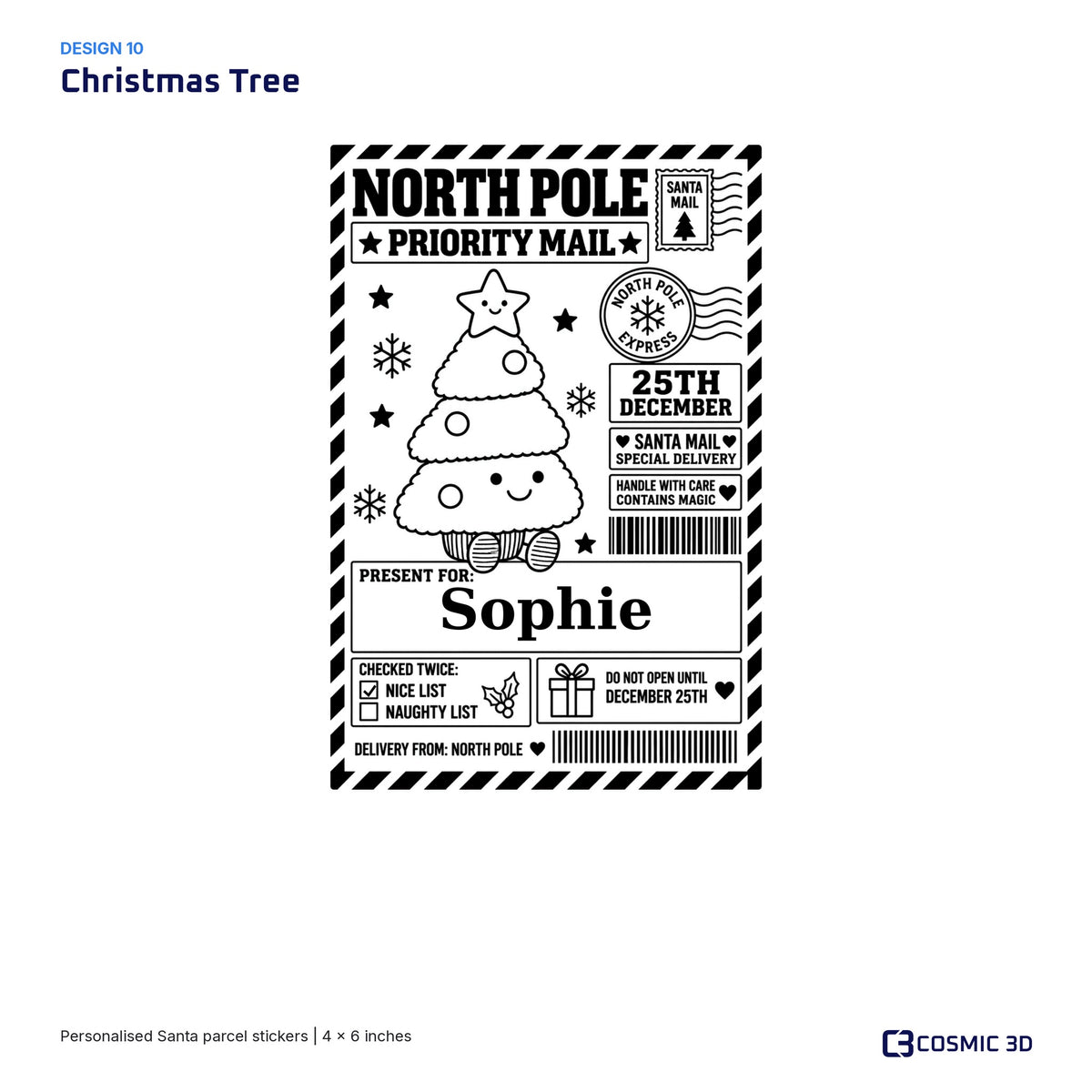 Christmas Tree parcel sticker preview with example name Sophie and the Nice List ticked.