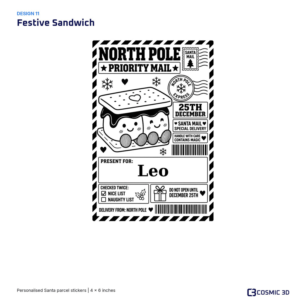 Festive Sandwich parcel sticker preview with example name Leo and the Nice List ticked.