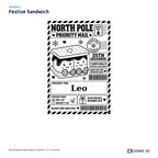 Festive Sandwich parcel sticker preview with example name Leo and the Nice List ticked.