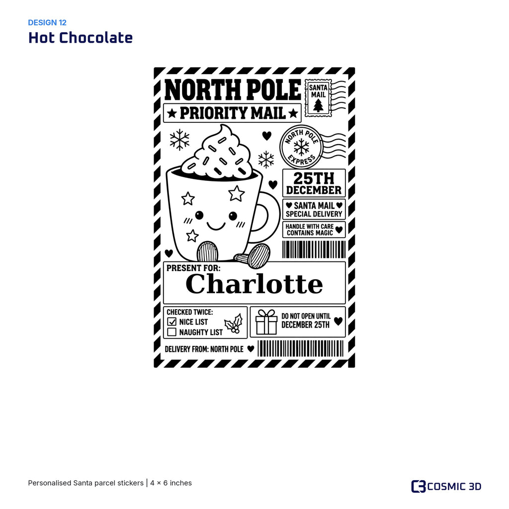 Hot Chocolate parcel sticker preview with example name Charlotte and the Nice List ticked.