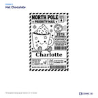 Hot Chocolate parcel sticker preview with example name Charlotte and the Nice List ticked.
