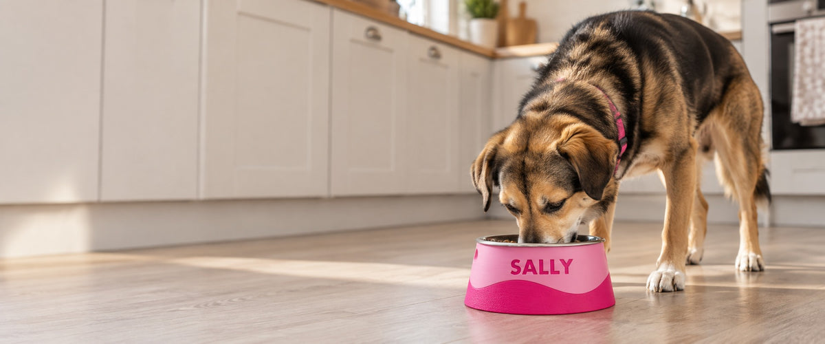 A brown and black dog named Sally eats from a bright pink pet bowl in a modern kitchen with light wood floors and white cabinets.