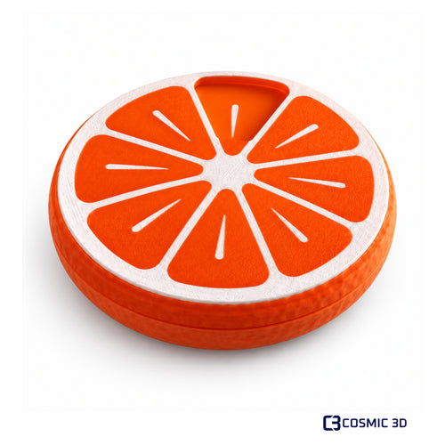 Orange 7-day Citrus Click pill organiser by Cosmic 3D on a white background