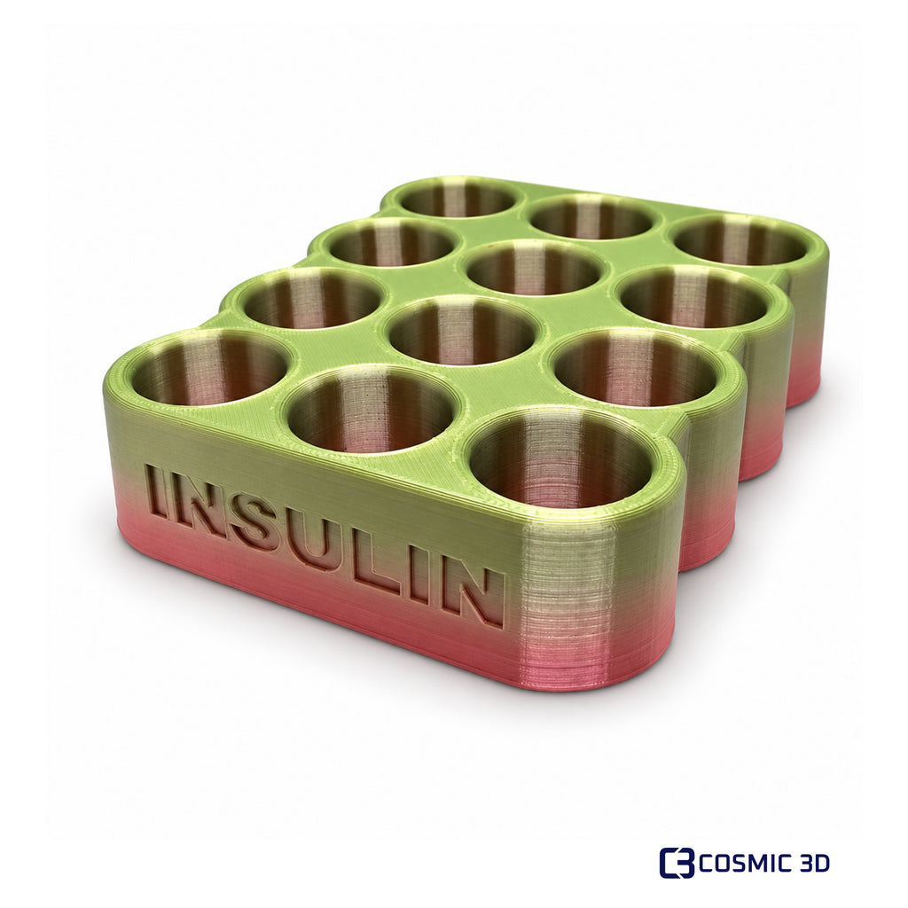 Insulin Vial Fridge Storage Holder – 25 mm Vial Organiser by Cosmic 3D — Green/pink 12-vial holder, empty