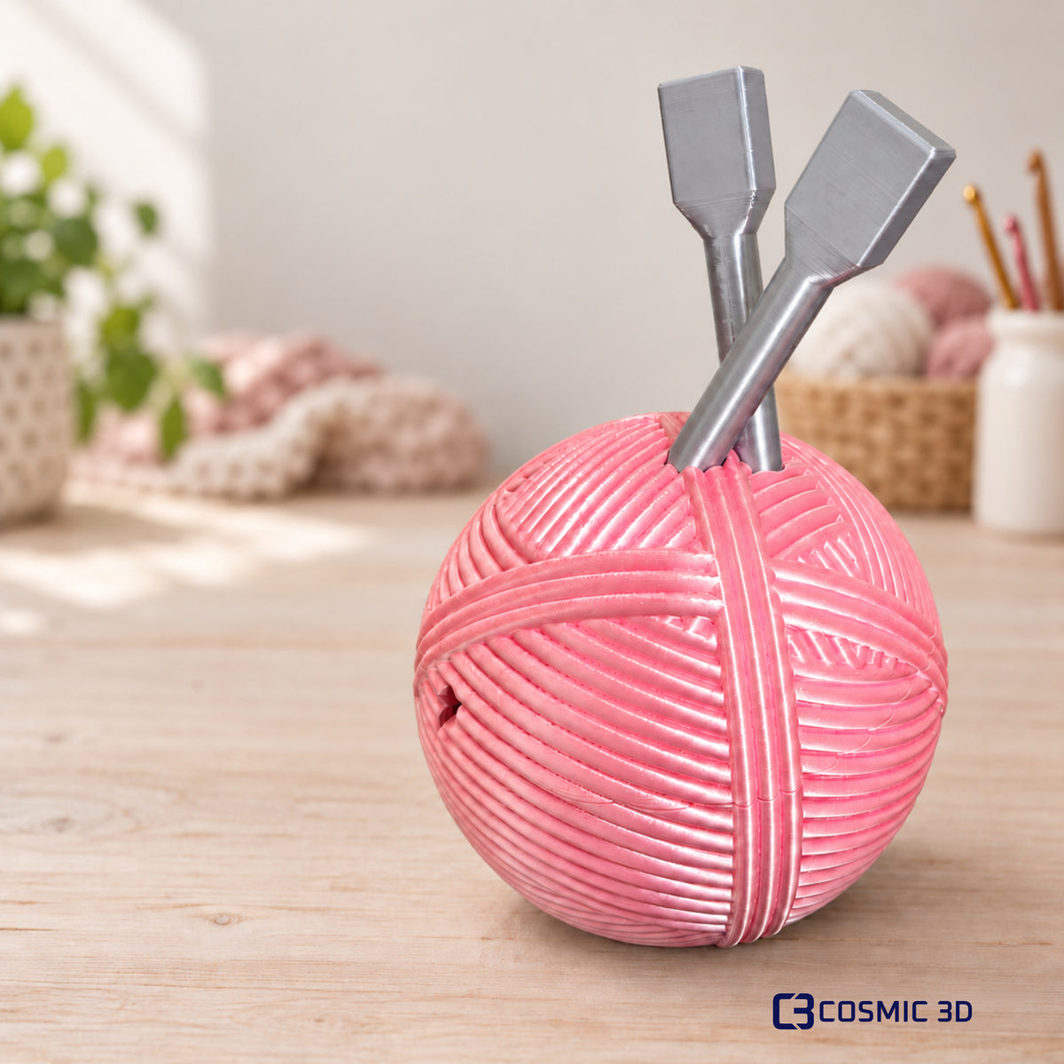 Knitting & Crochet Yarn Ball Holder with Magnetic Lid by Cosmic 3D — Pink yarn holder with handle option