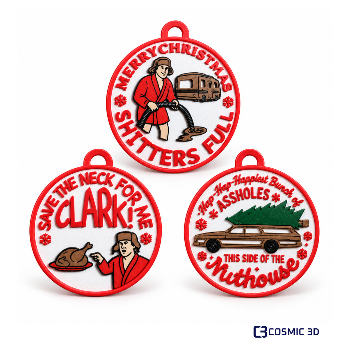 National Lampoon’s Christmas Vacation Ornament Set – 3 Designs by Cosmic 3D — Three-ornament set
