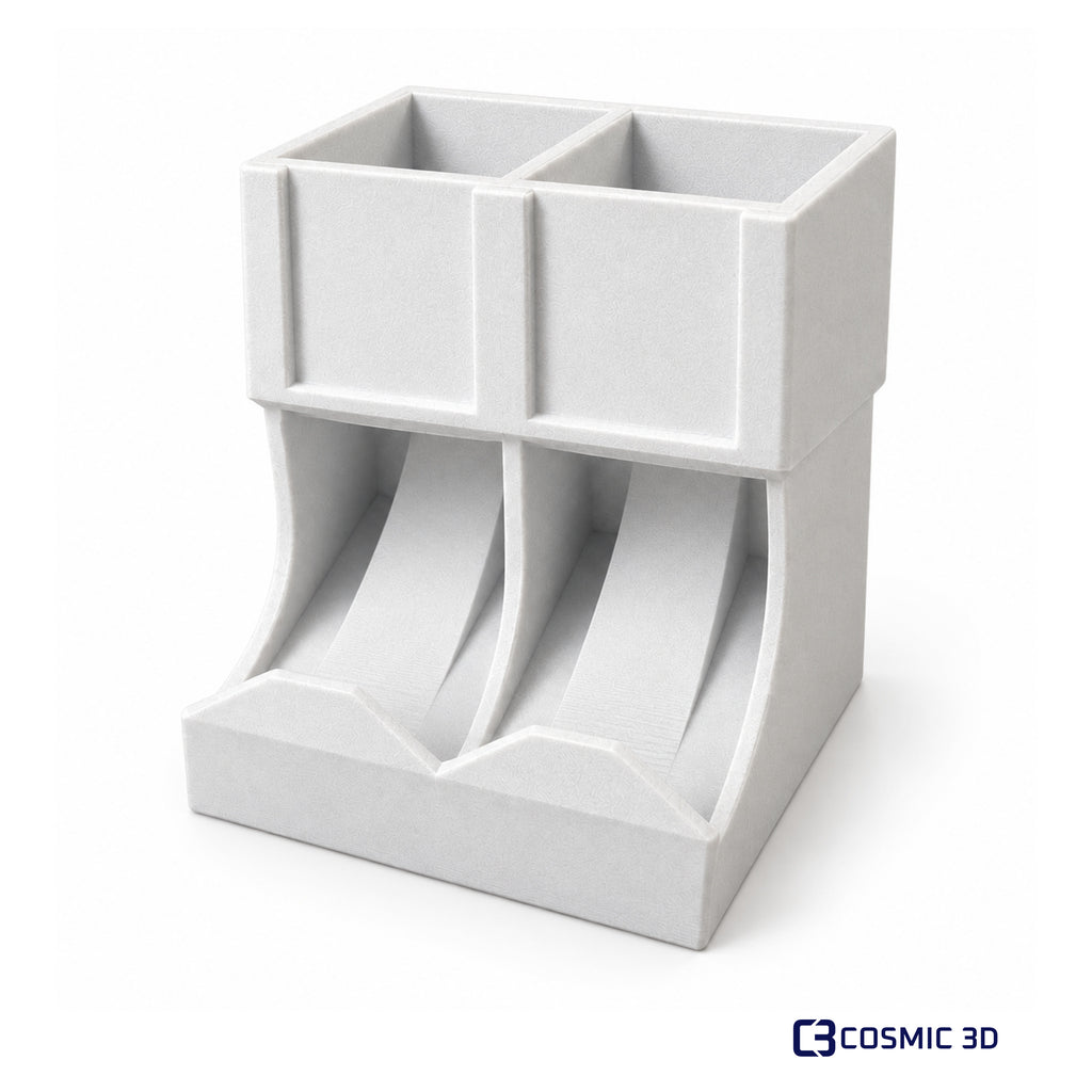 Vertical Coffee Capsule Holder – Compatible with Nespresso Tubes by Cosmic 3D — White two-channel coffee holder, empty