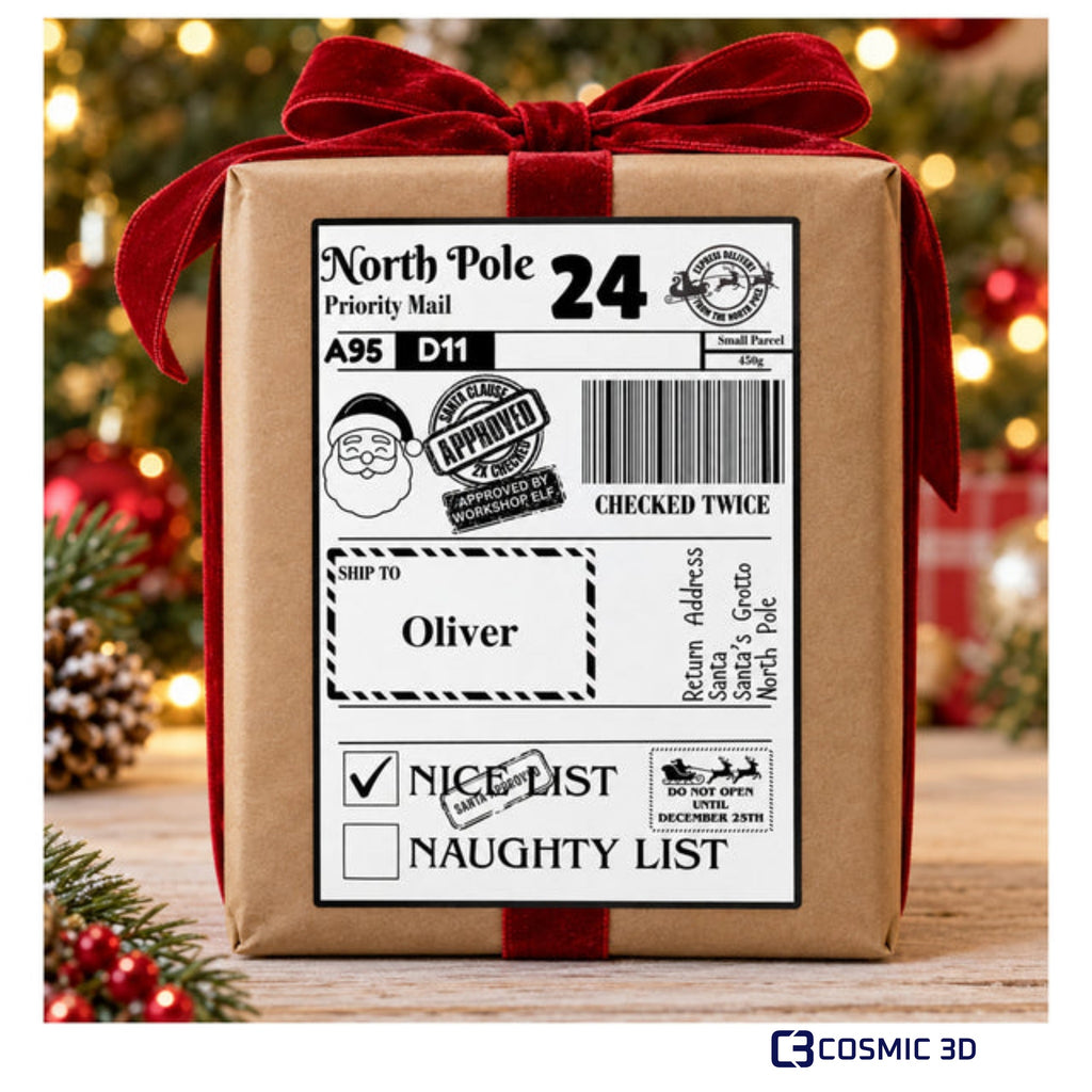Personalised Christmas Parcel Labels - Santa, Elf & Reindeer by Cosmic 3D — Oliver parcel label, original passed scene