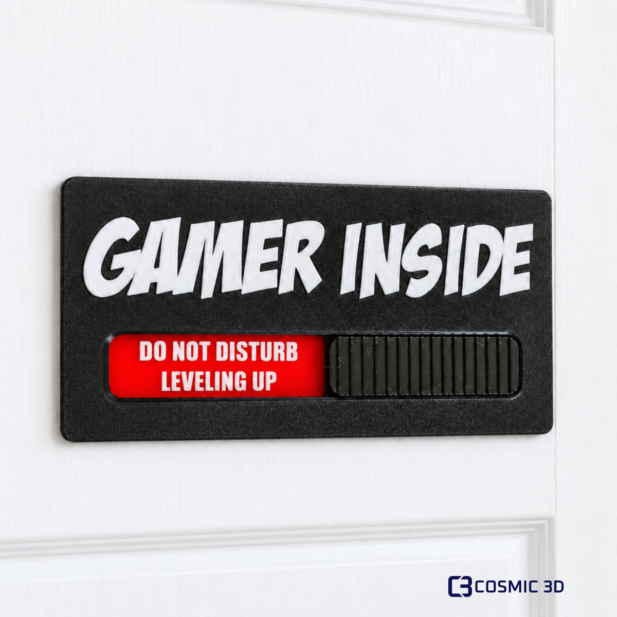 Personalised Gamer Door Sign – Sliding Do Not Disturb Sign by Cosmic 3D — Black gamer sign on white door