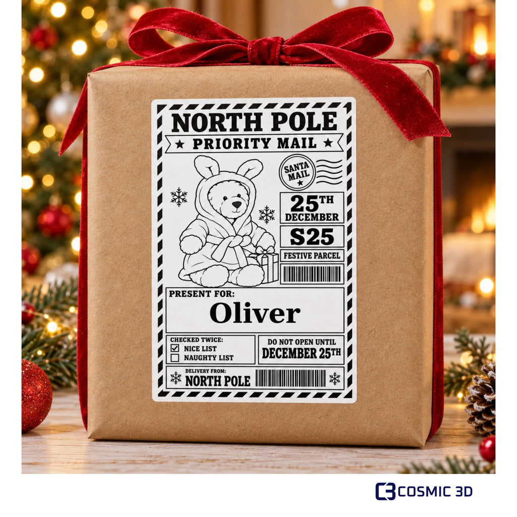 Personalised Santa Parcel Stickers - North Pole Christmas Gift Labels by Cosmic 3D — Oliver festive label, original scene