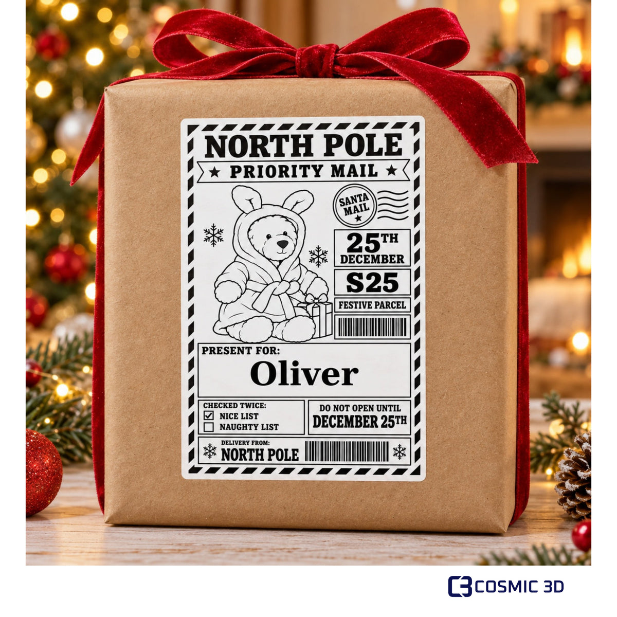 Personalised Santa Parcel Stickers - North Pole Christmas Gift Labels by Cosmic 3D — Oliver festive label, original scene